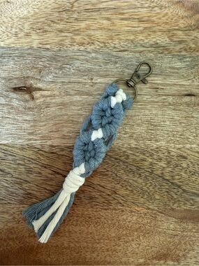 Macrame Keychain Handmade Boho, Bag Charm, Cloudy Blue and White